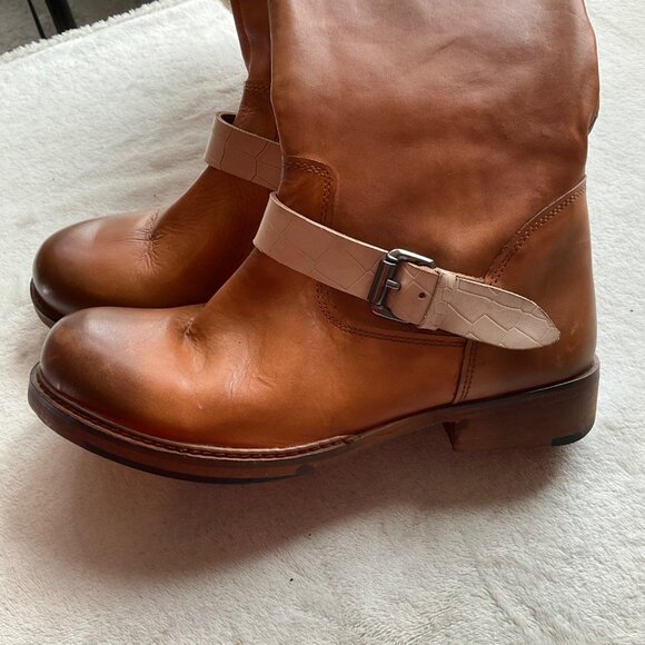 Tan Leather Combat Boots with Shearling Cuff - Picture 13 of 15